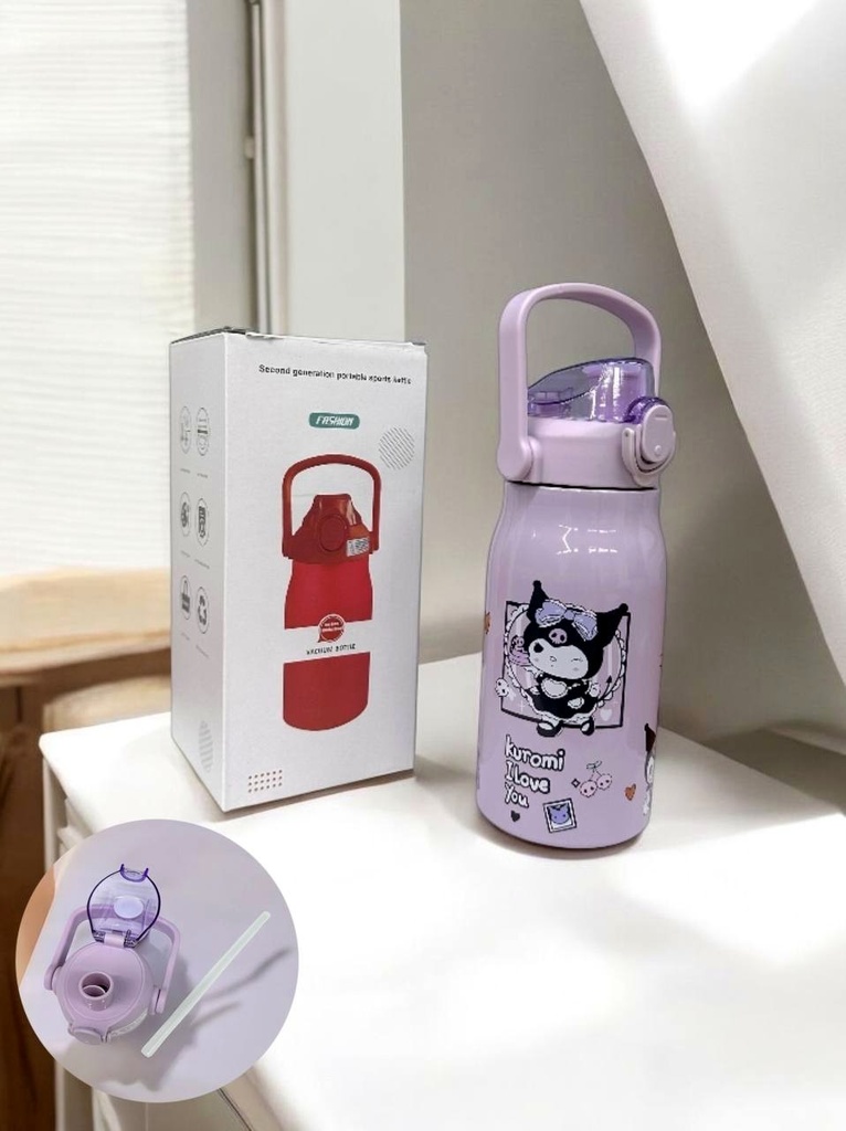 [260669] Purple Character Thermos Bottle 750 ml with Straw and Handle