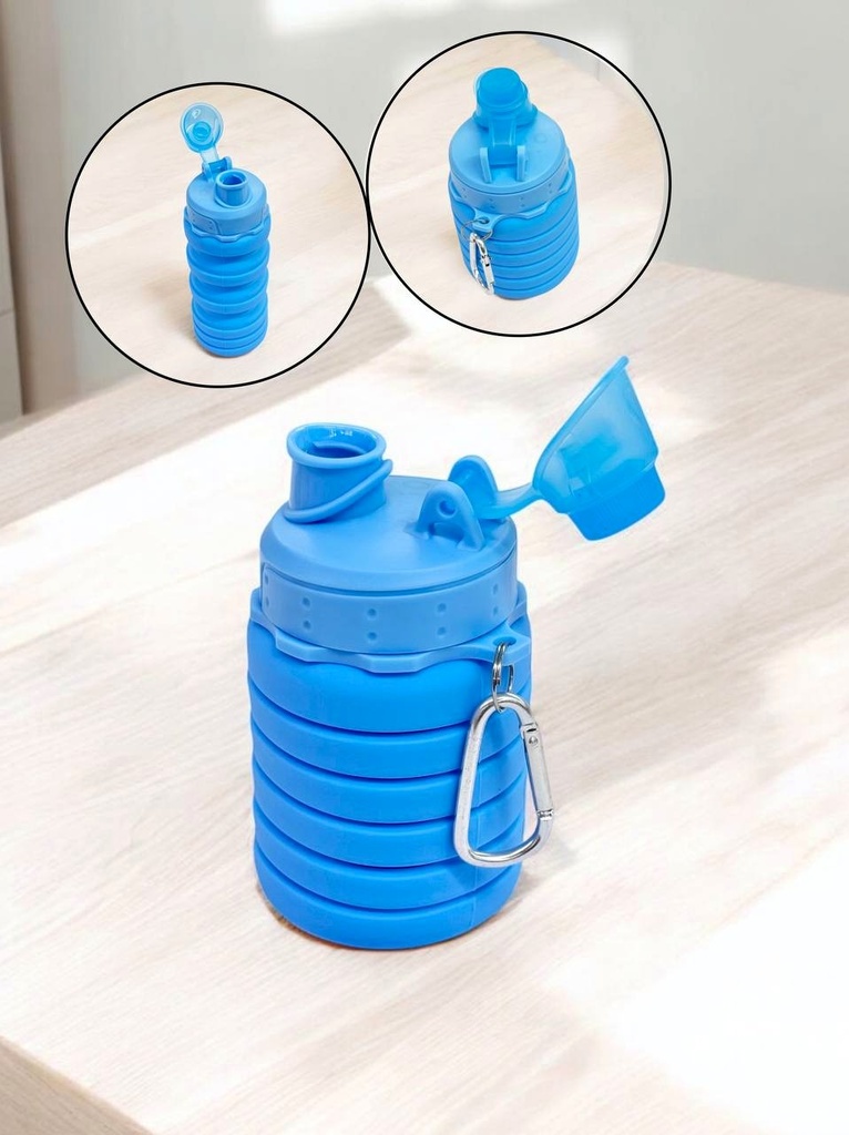 [260671] Blue Collapsible Silicone Water Bottle 500 ml with Carabiner